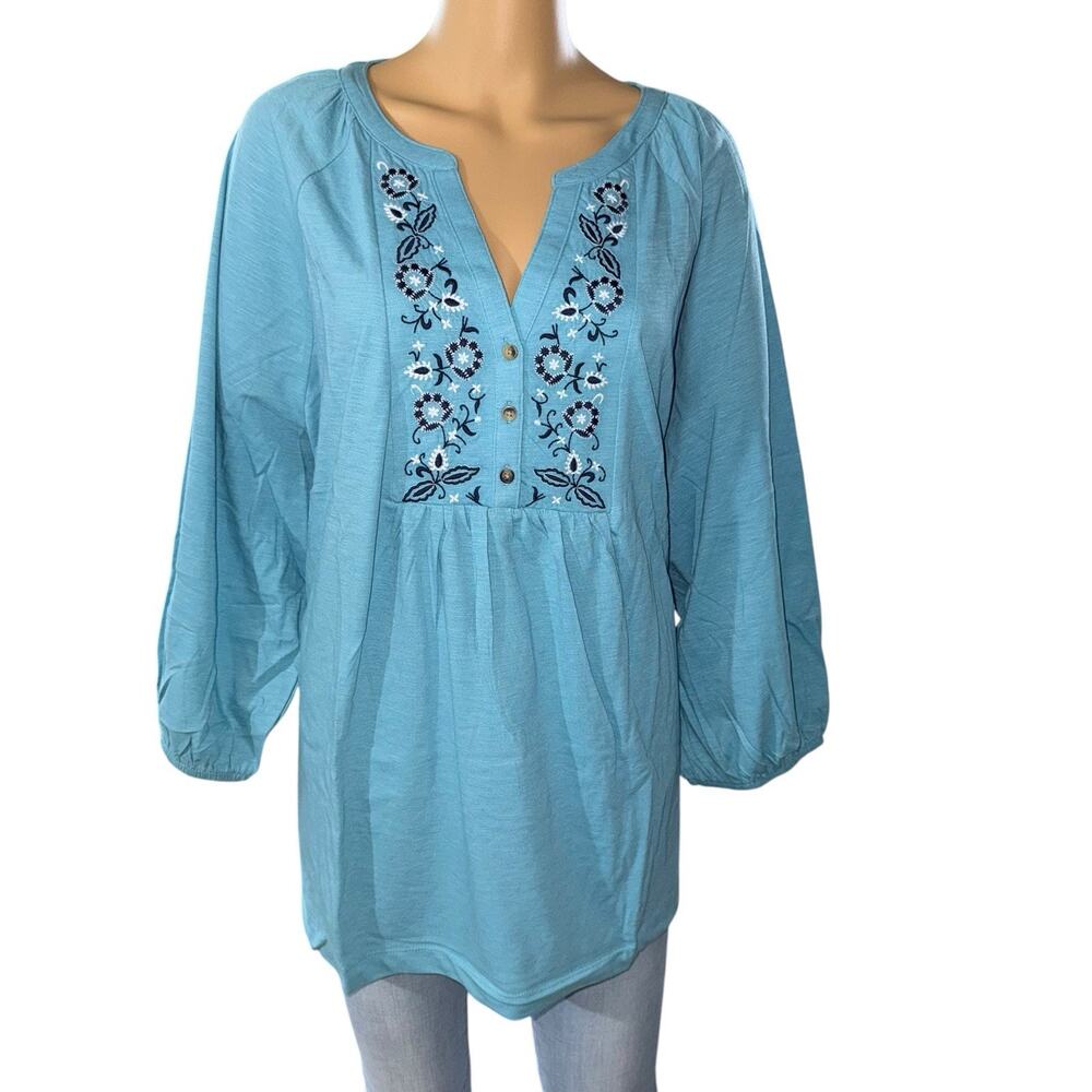 Croft Barrow Aqua Women's floral embroidered henley top blouse SZ/1X